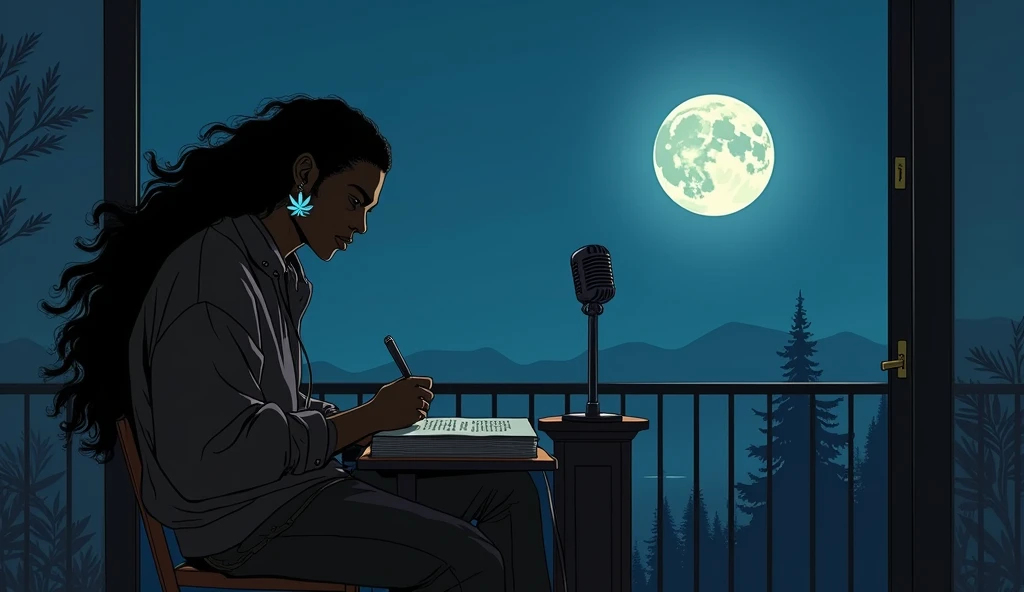 creates the image of a man sitting alone in a chair next to his balcony creating poems next to the window with a moon and a serene night, The dark-skinned man with long wavy hair wearing oversized clothing and a hanging marijuana earring and a microphone on a pedestal while creating a feminine shadow