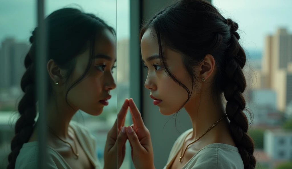 Beautiful indonesia woman with braided milkmaid hair looks in the mirror with different reflections, one index finger gracefully touches the glass, showing two sides of good and evil, city building background, wide angle, dynamic pose