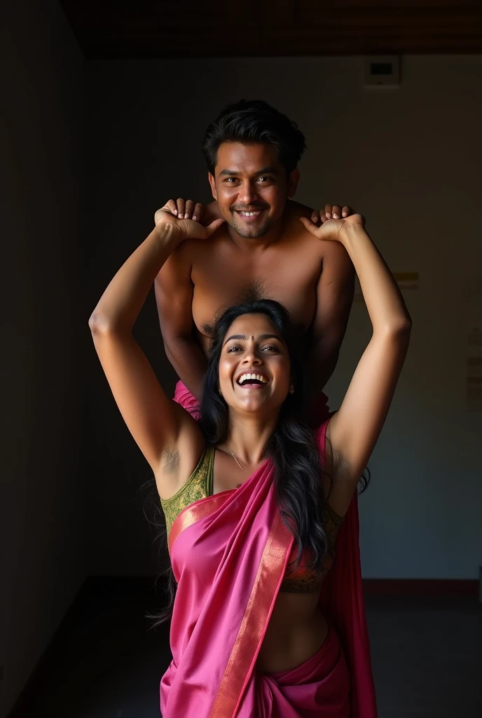 Beautiful and Slim Indian woman in a dark pink silk saree lifting piggyback a large chubby man above her shoulders, man is sitting on woman's shoulders, in a dark room with high ceiling, natural smile, woman is looking into the camera , she is holding his hands, full body image , woman making funny faces