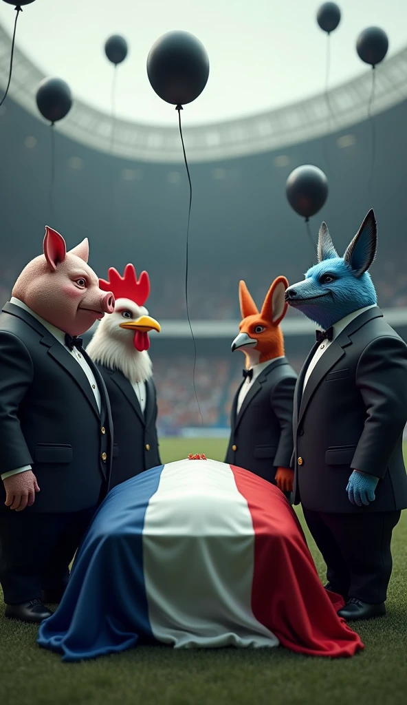 A muscular pig, puffed out chest, black suit, inside a soccer stadium, next to it a muscular rooster bird, black suit, next to it a blue male fox, muscular, puffed out chest, black suit, next to it a muscular vulture, puffed out chest, black suit, everyone is sad seeing a coffin with a flag over it in the colors blue, white, red, black balloons flying in the wind, 3d image, 8k vivid colors