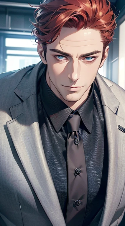 (best quality,4k,8k,highres,masterpiece:1.2),ultra-detailed,(realistic,photorealistic,photo-realistic:1.37),1 man,3,mature man,very handsome,without expression,smile,short grey red hair,blue eyes,penetrating gaze,perfect face without errors,imposing posture,businessman,office background,cinematic lighting,hdr image