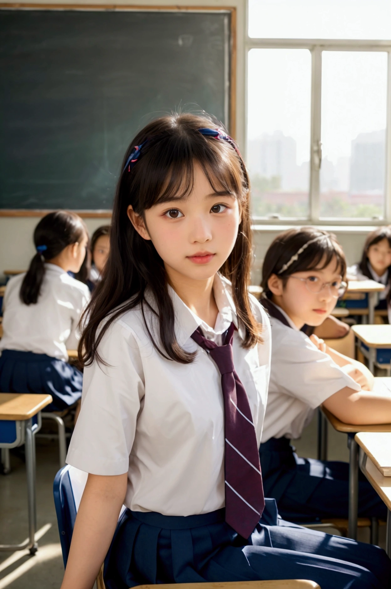 In a modern classroom scene with young modern Hong Kong pupils, boys and girls are equally numbered, they are all Chinese and wearing gender uniforms, ranging in age from  to 15seated at desks, surrounded by chalkboards, faded maps, and inspirational posters on the walls, amidst a warm and inviting atmosphere, with soft natural light pouring in through the large windows, casting a gentle glow on the students' bright, curious faces, featuring smooth, round cheeks, dark brown eyes, and straight black hair, adorned with colorful hair clips or ribbons, while wear school, uniform yet neatly pressed, school uniforms in shades of bright blue, white, and red, with crisp white shirts and dark blue pants, amidst an environment filled with textbooks, pencils, and scattered paper sheets, hinting at an ongoing lesson.