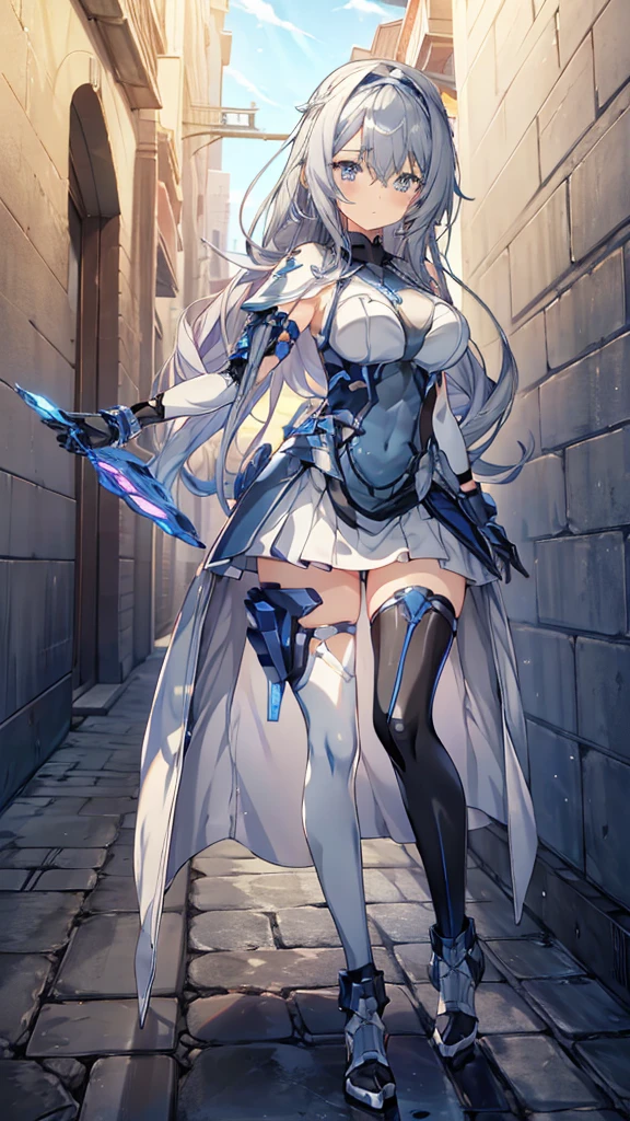 ((full body)), Girls in Anime, Blue and grey metal armor, Blue hand and thigh accessories, Short dark blue-gray hair, hair accessory, Grey Eyes, Silver earrings, nose, Curious, Healthy Skin, Very dirty, head, shoulder, Small box, arms, Have a map, Narrow waist, feet, Medium thighs, Has black robotic legs, cute, Bright colors on the shirt, Futuristic marble white palace, Shining light in the sky, Stand next to a wall, Cinematic Light, High resolution, Highest quality, Super detailed, Detailed face, (Detailed eyes), Highest quality, Super detailed, masterpiece, (Detailed face), Beautiful face, feetを見せて, short hair