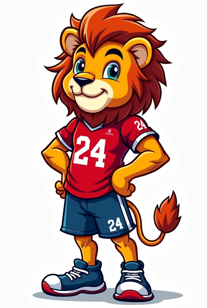 69 / 5,000 A young lion mascot with the number 24 on the leg in white with a red polo shirt and blue shorts with a white background