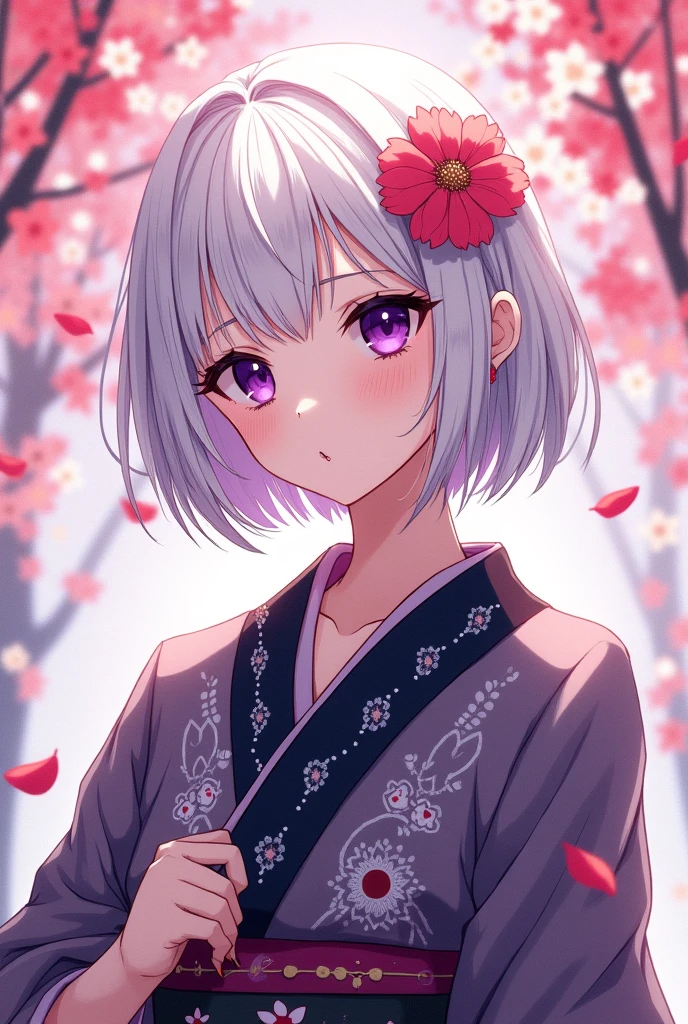 Anime girl characterized by detailed characters with clear lines but varying the thickness of the stroke as the stroke progresses. Use a palette of vibrant and contrasting colors, with visual effects that mix traditional Japanese with the fantastic, with dark violet eyes and short white hair and small fangs, more mature animation style, with a sakura flower kimono