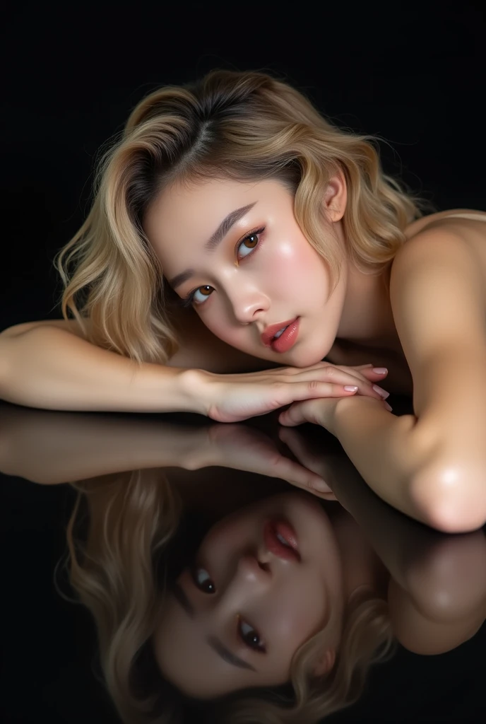A very close up photo, potrait of a beautiful Korean girl, kpop idol, lie down on black mirror floor with reflection of her body, elbows bent, one hand supporting cheeks, very detailed, detailed beautiful brown eyes, detailed sexy moist lips, detailed blon long wavy hair, sexy body, medium breasts, looking to the viewer with pleading eyes, isolated on black background, (portrait photo), nude, topless, dynamic side lighting, soft lighting