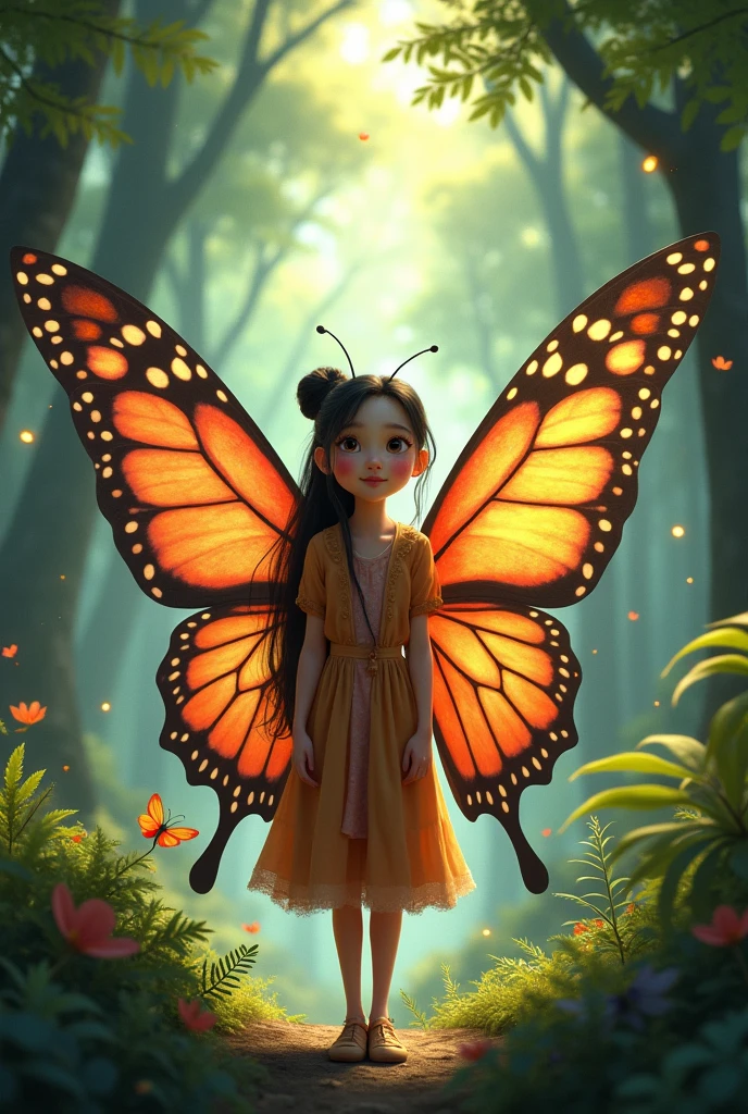 pixar image, ume dressed as a rare erfly, in an enchanted forest dark hair tiedg wings, at the age of 11