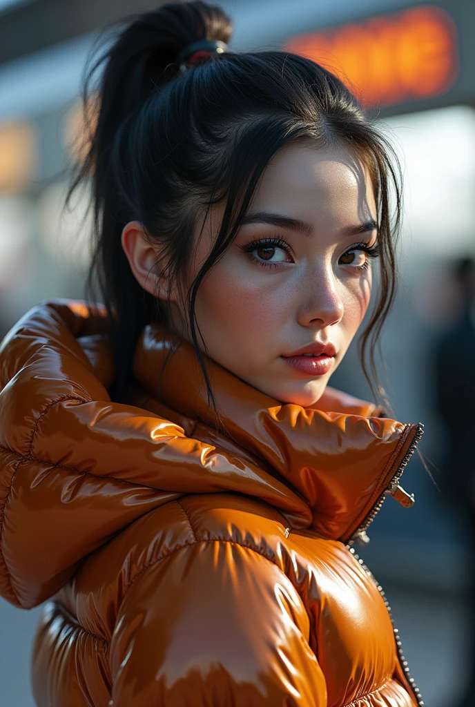  a slim ponytail  girl,beautiful detailed eyes,beautiful freckles,beautiful detailed lips,extremely detailed eyes and face,longeyelashes,in beautiful detailed hooded  formfitting duvetica overfilled shiny hyper gleamy hyper thick glossy unsealed puffer jacket covering her sealed hyper padded duvetica puffer vest,latex glossy stirrup legging, puffy boots,symmetrical,walking in pufferstore,masterpiece,cinematic,lifelike,hyperrealistic,8k,photorealistic,highly detailed,intricate,exquisite,elegant,beautiful,stunning