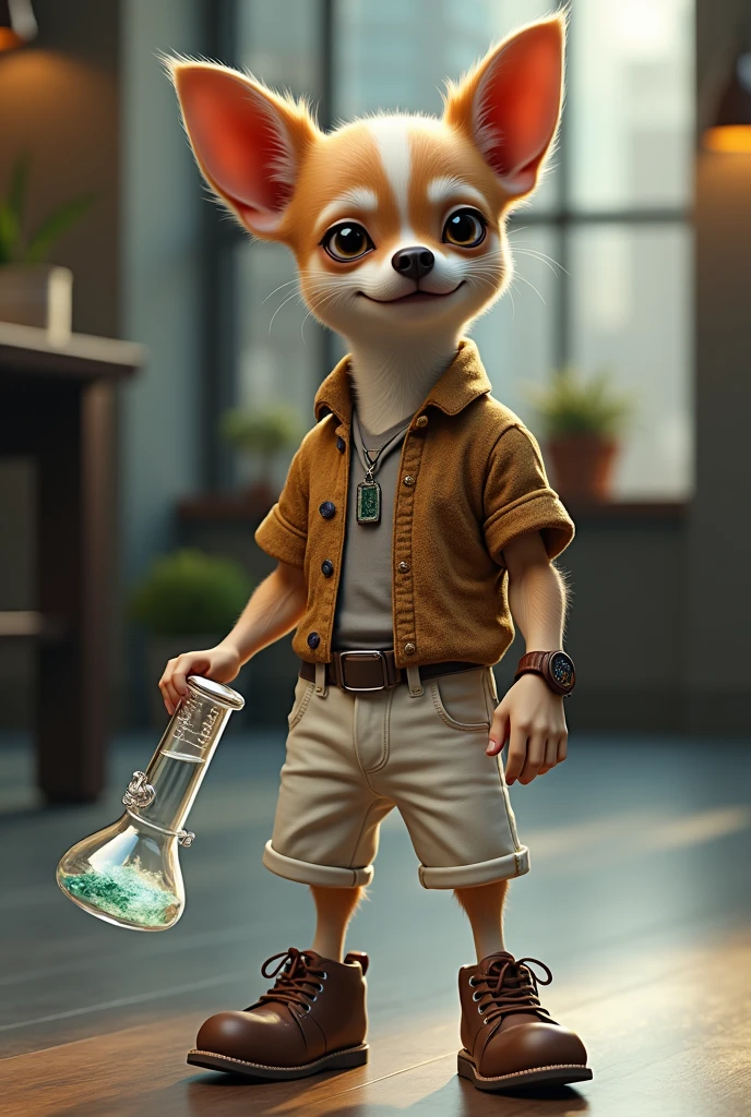 A Chihuahua wearing a white jeans, brown wristwatch, patterned short-sleeve shirt and brown shoes. Smoking a bong.