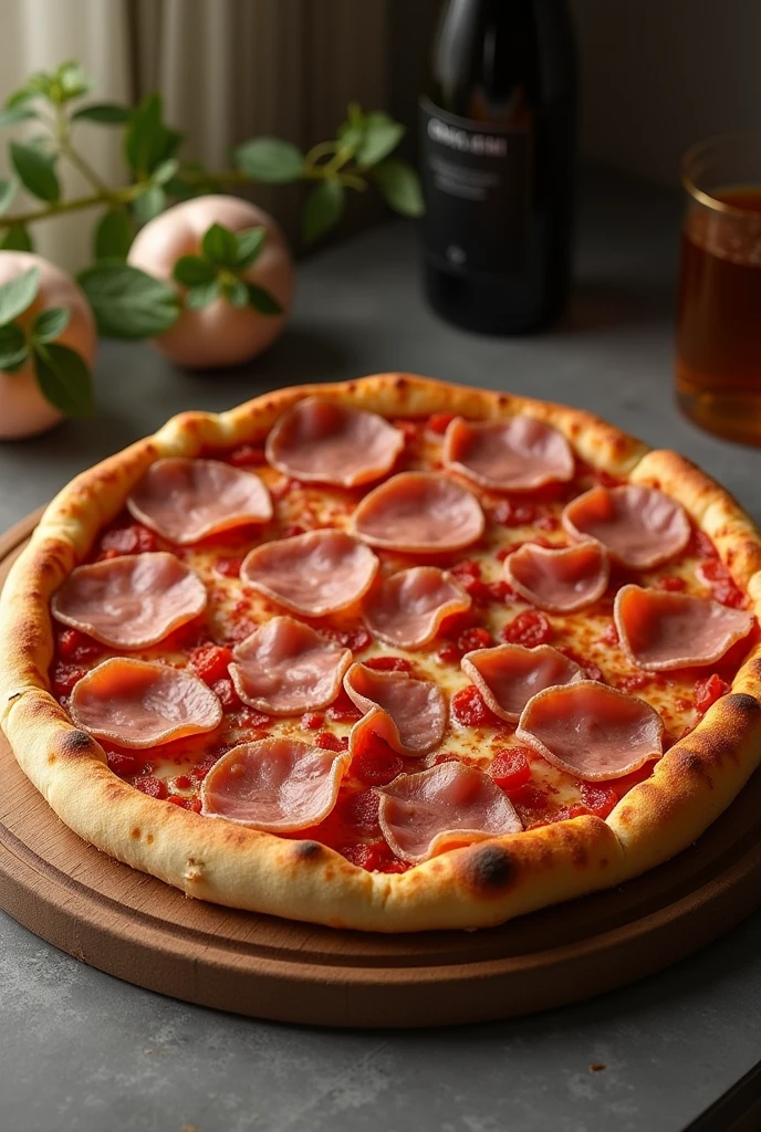 Create a very exclusive pizza with ham, large 33 centimeters that is realistic to consume