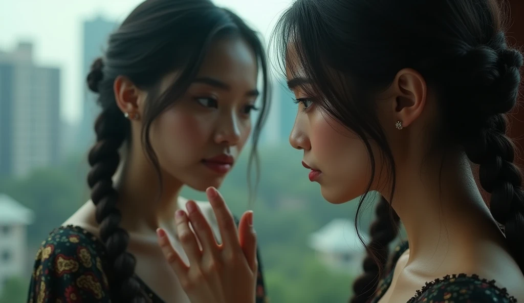 Beautiful indonesia woman with braided milkmaid hair looks in the mirror with different reflections, one index finger gracefully touches the glass, showing two sides of good and evil, city building background, wide angle, dynamic pose