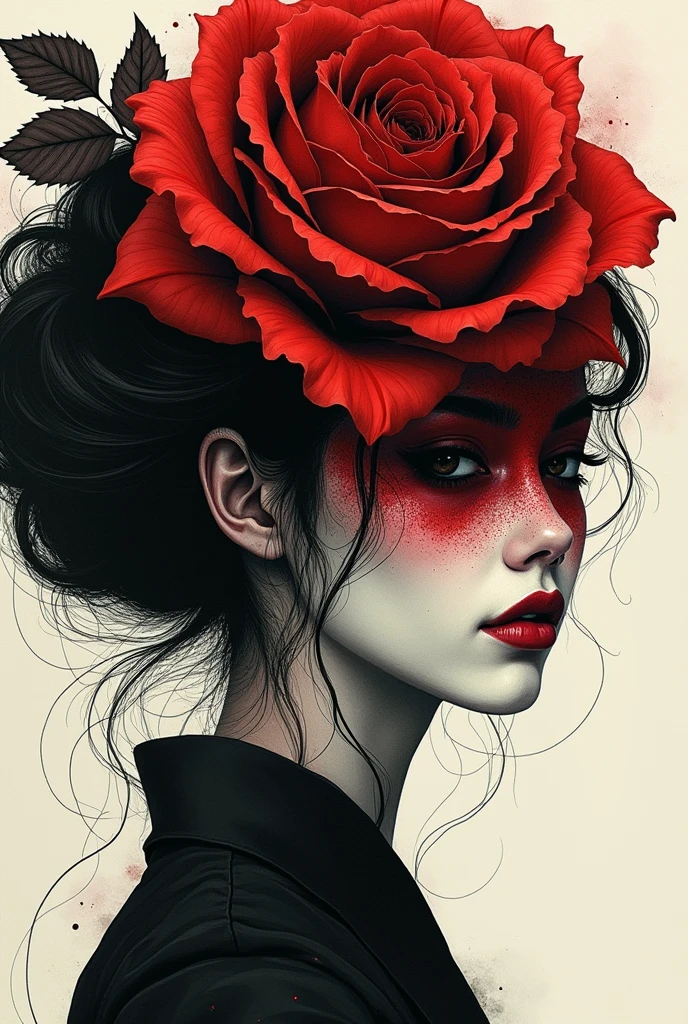 in style of Harry Clarke, (rose-headed japanese woman:1.6),(rose face:1.2),(rose head:1.3),drawing by Conrad Roset close up,(darkness:1.2),(very detailed shadows:1.2),absolute shadows,absolute darkness,