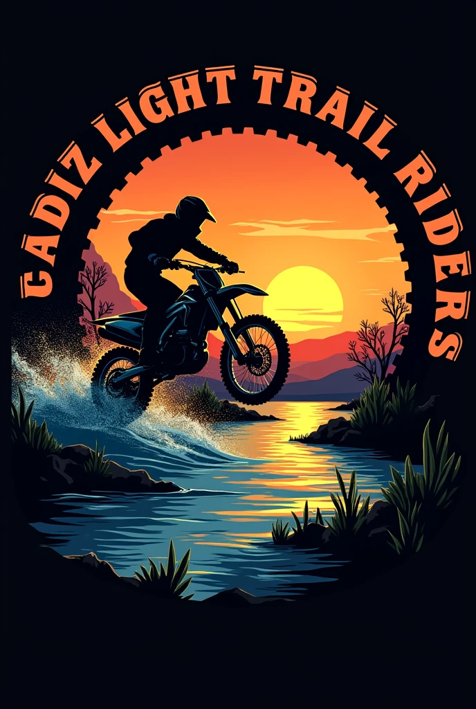 Make a  silhouette of a dirt bike doing a river crossing with the water blue and sunset. Put it in a circular frame with it's edges as a dirt bike sprocket. Name it on the outer edges "CADIZ LIGHT TRAIL RIDERS" (Bold aggressive lettering. Same color with he sunset). make the background black