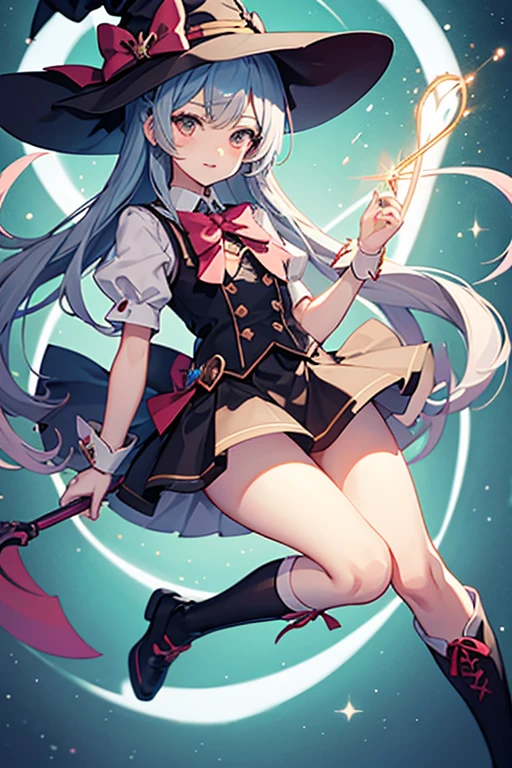 Magical girl、Witch Hat、Magic wand、Black knee-high socks,skirt、Thighs、whole body
