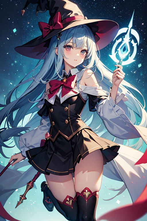 Magical girl、Witch Hat、Magic wand、Black knee-high socks,skirt、Thighs、whole body