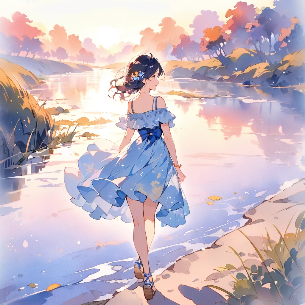 A young, slender girl is walking along the riverbank at sunset,The girl is wearing a seductive blue dress and summery sandals.,The dazzling profile is smiling,Nostalgic watercolor illustration,
