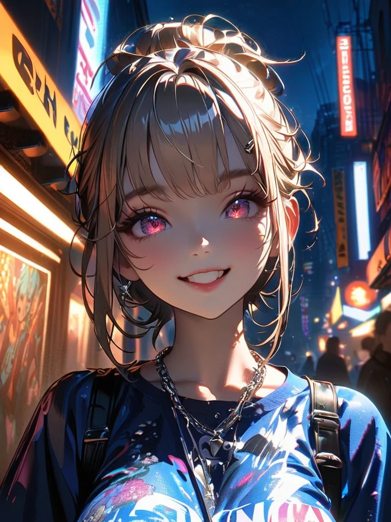 1 girl, chromatic aberration, Written boundary depth, Soft Light, masterpiece, Highest quality, complicated, Tone Mapping, A place where fireworks are set off at festivals. Concept Art, Smooth, Clear focus, Dramatic lighting, Very cinematic, super practical painting, アートステーション's trending, 8k, Incredible Shadows, practical, whole body, View, Viewers, Portrait of a Girl 1, standing on street corner, Heavy rain and lightning、Dark Sky, neon and cyber punk background, she is dressed in punk clothing with silver chains and silver spikes, Her hair was dyed light brown...................Ominous aura of light, smile, punk, ciber punk, Backlight.Fashionable clothes、Friendly dress code: Wearing a blue dress.My breasts are a little big