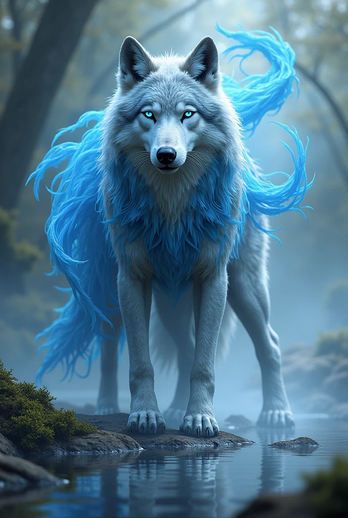 A wolf with a blue feathers it has a water enery