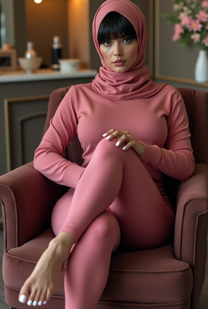 real,-niqab girls,Arabic, arab girl,  Sexy feet, white toenails, in the nail salon, crossed legs nail studio, long nails, pink outfit, crossed legs, sexy posing feets, BIG ASS,Bangs, hijab, sexy feet