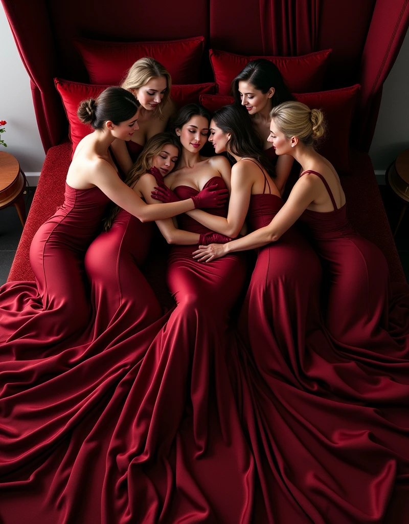 ultra quality, masterpiece, ultra resolution, longshot view, artwork, super それにget used to it, many get used to it, get used to it, それにget used to it, top view angle shows the entire people,love,romantic,((Six persons)),((Five Mothers and Daughter)),((Five Mature Women and Daughter with the tiara)),NSFW kissing lips, nsfw chest and nipple exposed,((Five Mature Women lips kissing embrace and holding Daughter)),((Five Mature Women holding hands and a Daughter sat between Five Mature Women kissing)),((Midnight maroon satin velvet oversized long sleeve evening dresses)),((Oversize long sleeve midnight maroon satin velvet dresses)),((Full-length dresses train skirt stretched down and flared covered the entire mattress)),((Full of luxurious satin velvet fabric stretches and covers the the entire mattress)), luxurious shiny midnight maroon satin velvet evening dresses, Sitting kiss and hugging on the bed,((The Young Woman facing Five Mature Women kissing)),((Gorgeous queen rococo satin velvet long sleeve evening dresses with voluminous full-length stretched down and flared train skirt)),full-length sleeve midnight maroon satin velvet gloves,((long midnight maroon satin velvet gloves)),((floor-length midnight maroon satin velvet evening dresses skirt stretched down to cover the mattress)),An evening dresses with full shiny midnight maroon satin velvet fabric material,((Five Mature Women hugging Daughter)),luxury bedroom palace,((Palace full shiny midnight maroon bedroom)),((The bed full-covered of stretched and flares satin velvet fabric)),((Long midnight maroon velvet bedroom material)),Frilled silk velvet bedroom midnight maroon bludru pillows on the bedroom,Daughter surrounded and covered by Five Mature Women's dresses skirt,((Five Mature Women is sitting kiss hugging Daughter)) ((A daughter sitting in the bed between Five Mature Women)),luxurious ruffled midnight maroon curtains