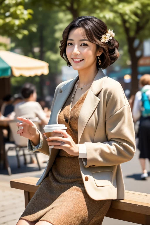 (Highest quality)、(High resolution)、(Ultra-detailed photos)、(Ultra-realistic texture)、(Illuminated subject)（8k images）（Clear Photography）（Real Photo）
（A 40-year-old woman with elegant features and her hair tied in a caramel-colored chignon）（Her outfit is neat, chic and elegant, and she wears a skirt or dress.）（Look at everyone with a refreshing and loving smile）（Men are captivated by her charms）（She is outdoors）（She poses elegantly and cutely in various locations.）（Walking through the crowds of the city）（Drinking coffee at a cafe）（Shop）（Sit on the grass in the park）Playing on the swings at the show）（sit in a train seat）（Take a seat on the bus