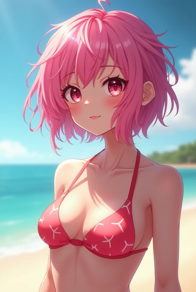 Draw a girl with pink hair and skin in a bikini with short hair hanging down her neck messily