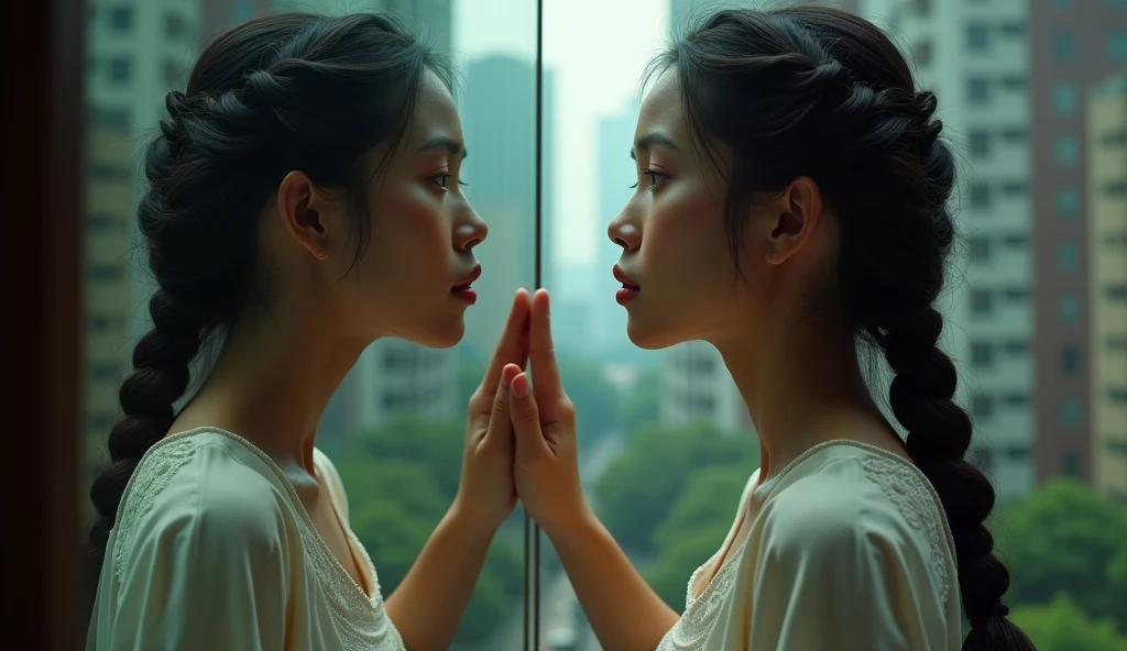 Beautiful indonesia woman with braided milkmaid hair looks in the mirror with different reflections, one index finger gracefully touches the glass, showing two sides of good and evil, city building background, wide angle, dynamic pose