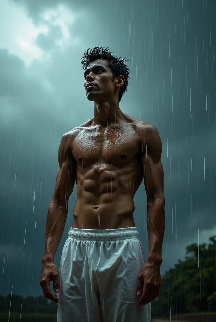 Behold a fashion editorial photo shoot featuring a photogenic and charming mixed Thai male supermodel, natural pale skin tone with a fit and slander body stands confidently under a rain, The camera angle is a dramatic low-angle shot, looking up at the model from below, creating a sense of power and dominance in the composition. The model wears white sheer pants with thick bulge, white wet t shirt, which emphasizes his athletic physique, particularly his toned legs and strong posture. His stance is wide and firm, with one arm slightly extended forward, creating a dynamic perspective that draws the viewer's eye upward along his body to his face. The environment is during a sudden downpour, with dark, heavy clouds looming overhead. The once bright sky is now filled with layers of gray, adding a dramatic contrast to the model’s olive skin. The lighting is diffused, with soft, even shadows, and the wet sheen on the model's body enhances the definition of his body. The rain is visible as small droplets, some clinging to the model’s skin and others caught mid-fall, adding texture and a sense of movement to the image. The environment is an raining and scattered clouds, contributing to the image's vibrant and energetic atmosphere. The sunlight is intense, casting strong, natural light on the model's body, which accentuates his body definition and adds depth to the image. adds a sense of realism and enhances the rainy feel of the scene. The photograph is taken with a Canon EOS R5 camera paired with a Canon RF 16mm F2.TM lens. The wide-angle lens is perfect for capturing the model's full body while emphasizing the expansive sky above. The inspiration for this shot draws from the work of Bruce Weber, known for his bold, dynamic compositions and ability to capture the strength and beauty of the human form, soak pants and t shirt, wet hair and body:1.37, heavy rain, dripped water across his chest and abdomen, creating glistening lines that highlight the model's body.