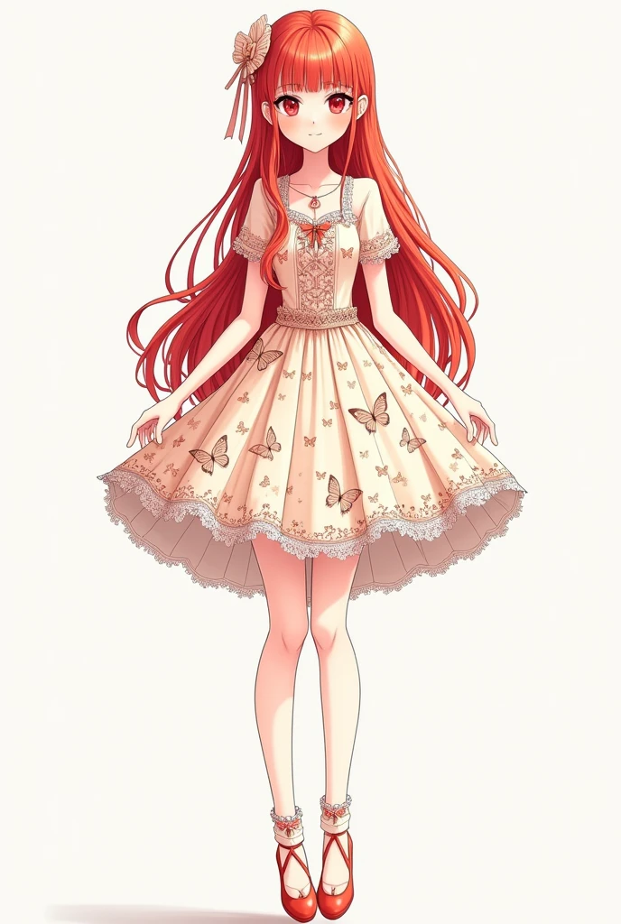  (masterpiece, Best Quality, High resolution: 1.4), detailed, intricate details, 4k, touch of color, Line art, Fibonacci.

detail.
Adscente slim, long red hair, Waist length hair, Red eyes, smooth skin, White skin, slim, smiling, gentle. 

detail de ropa
Vestido de Princess con mariposas estampadas, Princess, socks, cute shoes.