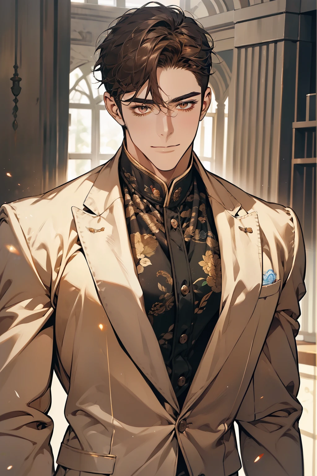 masterpiece, best quality, realistic, 1man, mature male, quiet and charming young man, 2, adorable, closed mouth, portrait, extremely detailed face, soft smile, ((dark amber eyes)), ((short-sides-swept curly light brown hair)), [thick eyebrows], living-room, ((white suit))