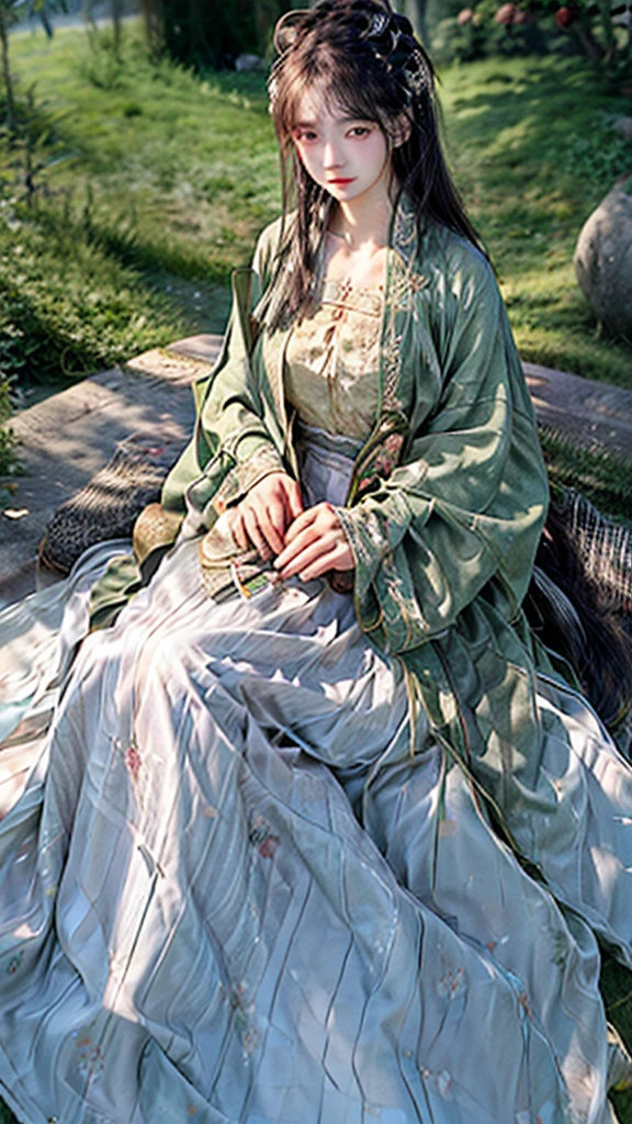 garden,On the grass,an oriental girl,long hair shawl,Miansha on the face,Big breasts,earrings,Wearing an ancient Han Dynasty mini lace skirt,Chest gemstone jewelry,坐在On the grass,