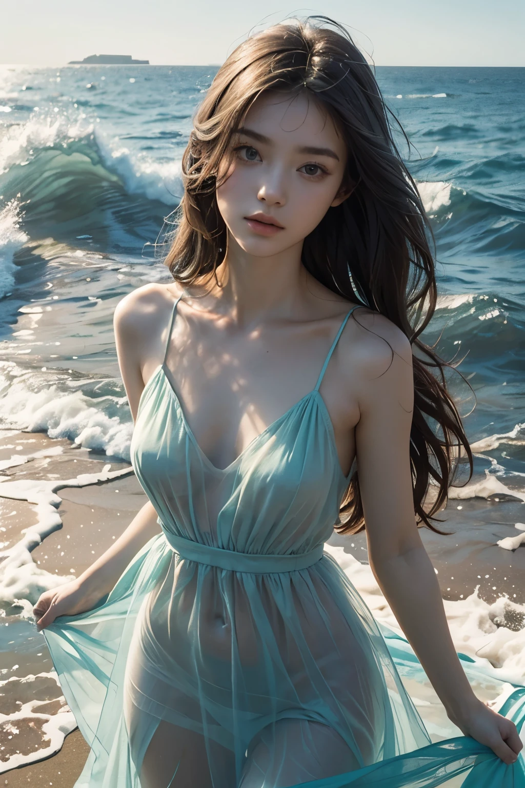 (masterpiece, Highest quality), ((One girl, alone, Long Hair)), Innocent look, Bare arms, Exposing shoulders, Bare neck, watercolor, Sundress, Liquid clothing, water, Wave, water dress, green_theme, night, haze, dark, Sharp focus, Ocean, See-through dress,stylish、Super Beauty