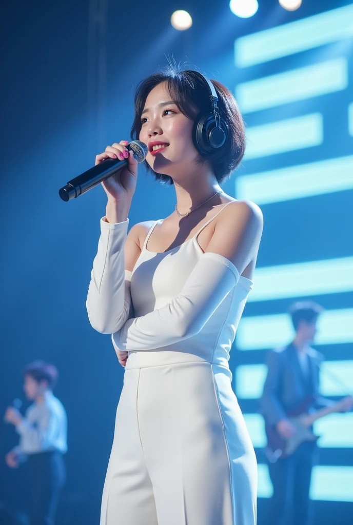 A trainee girl sing at stage. Wear white. Head mic. Short hair. Korean