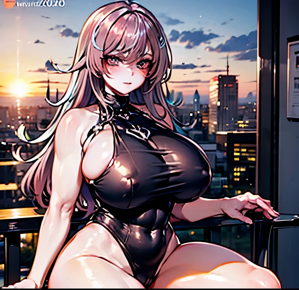 A 20-year-old woman with exaggeratedly gigantic tits and enormous thighs