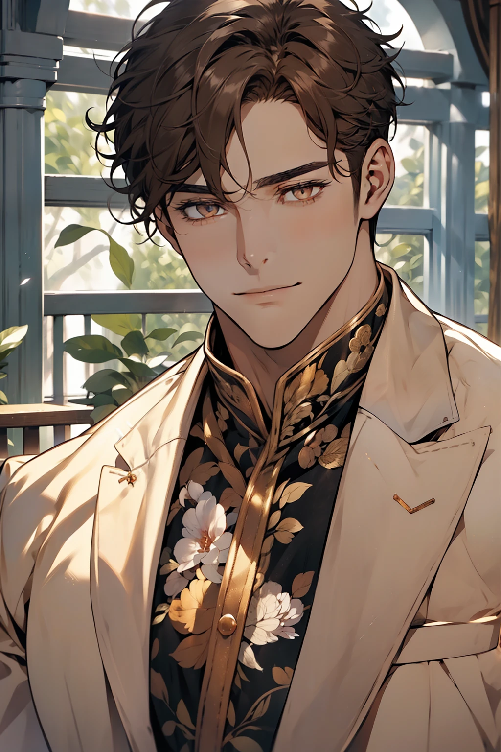 masterpiece, best quality, realistic, 1man, mature male, quiet and charming young man, 2, adorable, closed mouth, portrait, extremely detailed face, soft smile, ((dark amber eyes)), ((short-sides-swept curly light brown hair)), [thick eyebrows], living-room, ((white suit))