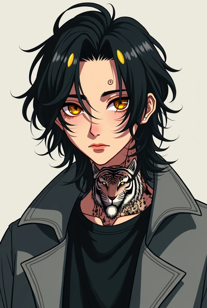 a tall boy of 1.80 long black hair with two yellow strands in front, big amber eyes with a mole on the lower right side of the right eye, He has an abstract tiger tattooed in black tones on the right side of his neck and is wearing a grey jacket and black t-shirt.