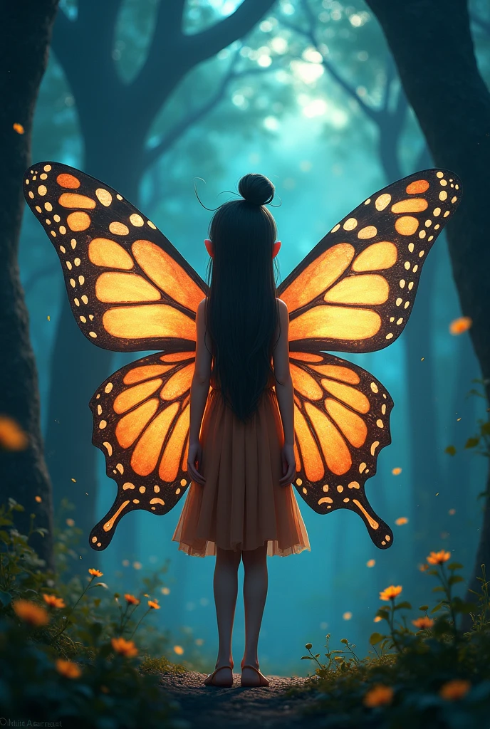 pixar image, ume dressed as a rare butterfly, in an enchanted forest dark hair completely tied up in a bun, big wings, at the age of 11