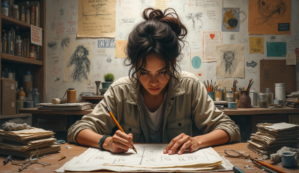 "A person sits in a cluttered room filled with sketches, notes, and designs pinned to the walls. They work intensely, focused on a task, with visible signs of passion and energy, like a furrowed brow and tight grip on a pencil or brush, surrounded by a creative chaos."