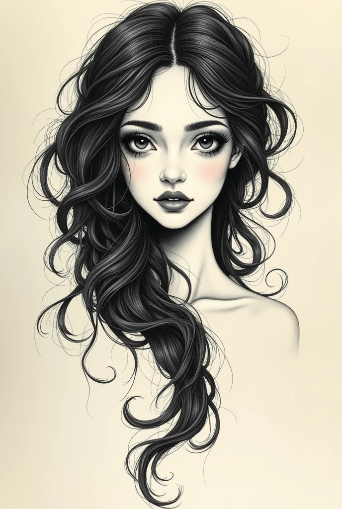 A traditional American style woman's face but with long, spiral hair like Junji Ito's Uzumaki for a tattoo