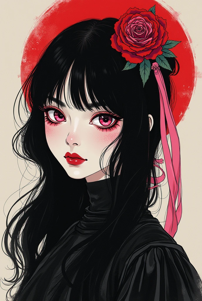 in style of Harry Clarke, (rose-headed knight:1.6),(rose face:1.2),(rose head:1.3),drawing by Conrad Roset close up,(darkness:1.2),(very detailed shadows:1.2),absolute shadows,absolute darkness, kamado nezuko, black hair, pink eyes, pink hair ribbon, two-tone hair,
