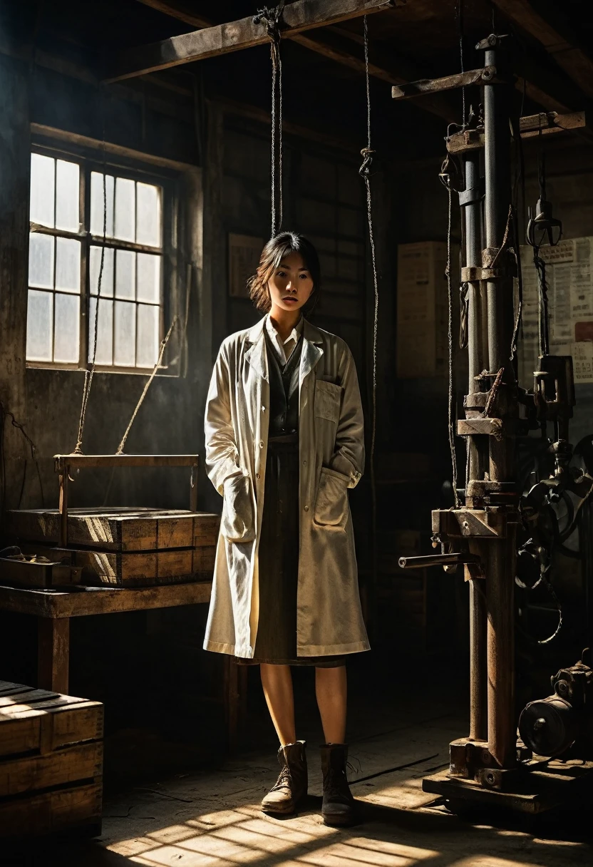 Misaki Sato, a genius botanist; a beautiful girl tied hand and foot to a steel pole in the center, unable to move; a determined, dirty face; a lab coat; sweat beading on the forehead; the warehouse; a high ceiling with bare beams; dusty light coming through the window; spotlights from hanging bulbs; old machines and wooden boxes casting ominous shadows; the tense atmosphere, the tense atmosphere, the contrasting noir lighting. Old machinery and crates casting ominous shadows, tense atmosphere, contrasting noir lighting, hard textures, stills from thriller film, ultra fine detail, 8K --AR 16:9 --Stylize 1000