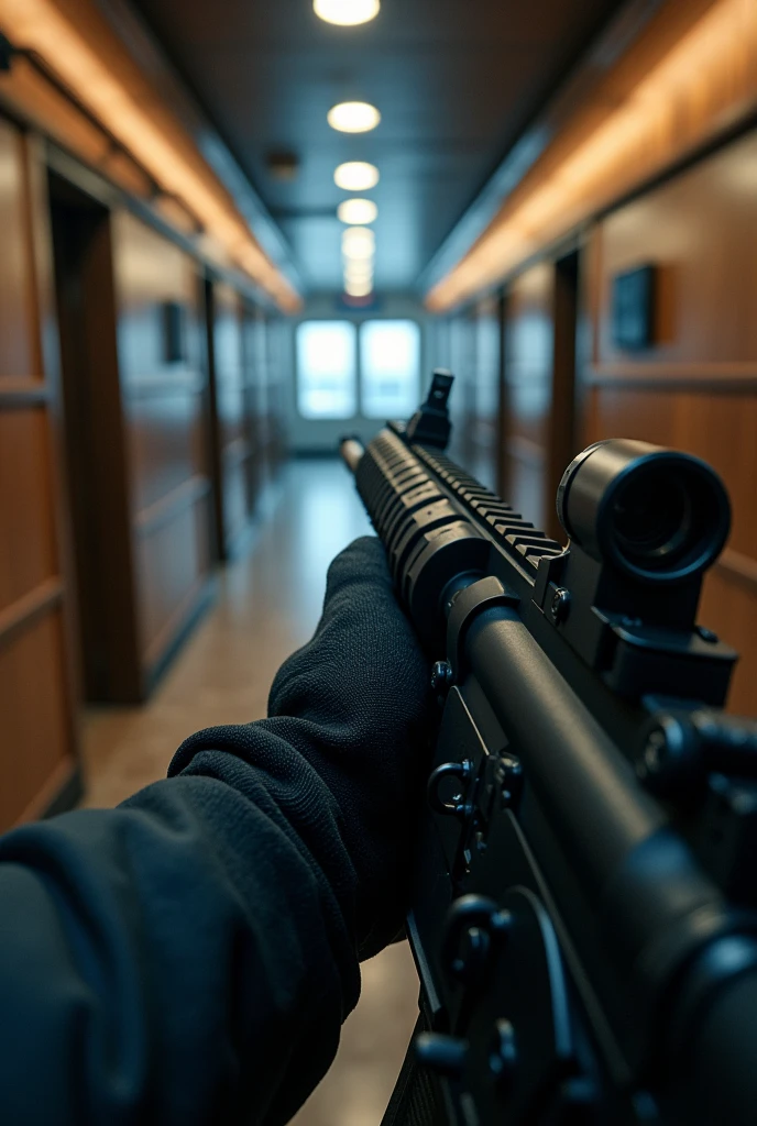 Cruise inside view, FIRST PERSON POINT OF PERSON POINT Police officer only visible arms with an M4 in his hands walking through the corridors