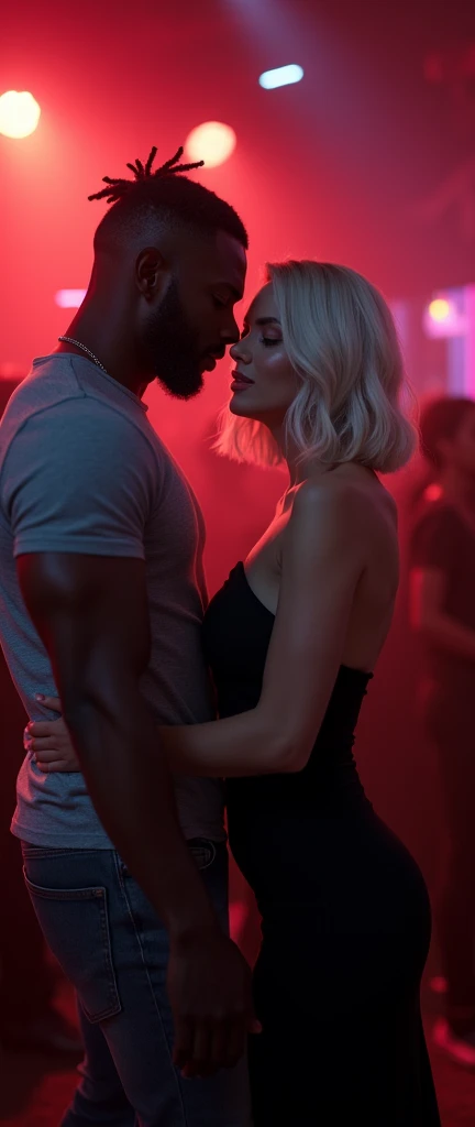 (Photorealsitic:1.4), (masterpiece:1.3), (top-quality:1.4), ((ultrarealistic)), HD 8k, (Sharp focus: 1.2), (Focus on the face:1.2),
well proportioned full body of
Claire ((innocent and little 30 years woman) and
Tyron ((big over muscular ) and dominant black man 30 years ),
Claire with bright expression, extremely beautiful, amazing beautiful, extraordinary beautiful, Detailed cute femenine and beautiful face, beautiful big almond blue eyes, Detailed facial features ,Perfect Style, Beautiful Face, Anatomically correct, Highly detailed face and skin texture, Beautiful Eyes, Natural Cheeks, Glowing Skin, Fair skin: 1.2, (Glossy Lips: 1.4), elegant stylish bob blonde hair, perky small elegant nose, femenine little mouth with sexy red lips, extremely detailed eyes and face, long eyelashes, elegant lady, graceful sexy pose, Glowing white shiny skin, subtle makeup, extremely pale woman, extremely pale skin, extremely beautyful legs, tonned legs, extremely nice perky ass, slim waist, full breast,
Tyron is a dangerous man, handsome and extremely masculine, (strong and muscular legs chest and arms), wide shoulders, powerful jaw, detailed medium dreadlocks, clean face without beard,
(cozy night dance club ),
alternative vibe,vibrant lighting, high contrast,dramatic shadows,highly detailed,detailed skin,depth of field,dynamic angle,
Claire is wearing a ((knee length) conservative black elegant dress) to go to a dance club matching detailed hig heels,
Tyron is wearing a gray lycra tight t-shirt showing his muscles,
Claire is dancing, Tyron behind her and people around,
full body view, desire look, (complete full body view: 1.0)