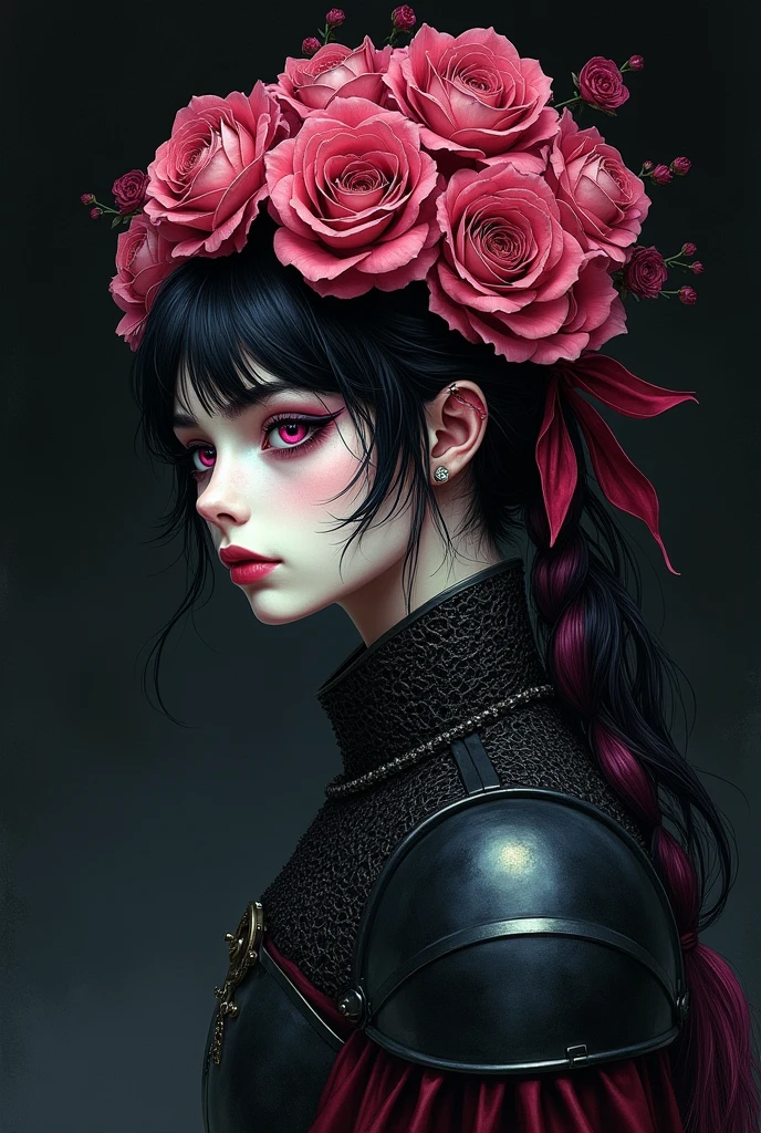 in style of Harry Clarke, (rose-headed knight:1.6),(rose face:1.2),(rose head:1.3),drawing by Conrad Roset close up,(darkness:1.2),(very detailed shadows:1.2),absolute shadows,absolute darkness, kamado nezuko, black hair, pink eyes, pink hair ribbon, two-tone hair,