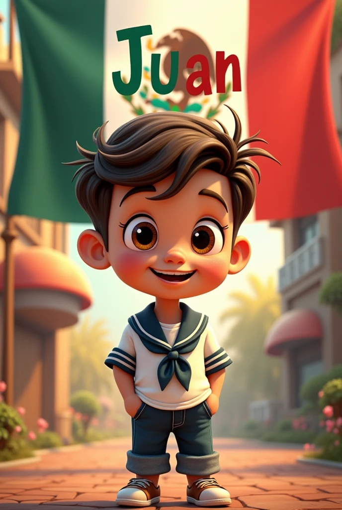 Cartoon boy with medium brown hair, broken brown hair, combed to the right side, light brown eyes, dressed in a sailor suit, saying his name " Juan "in capital letters representing the independence of Mexico with a flag