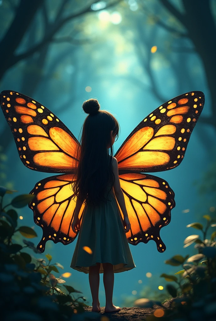 pixar image, ume dressed as a rare butterfly, in an enchanted forest dark hair completely tied up in a bun, big wings, at the age of 11