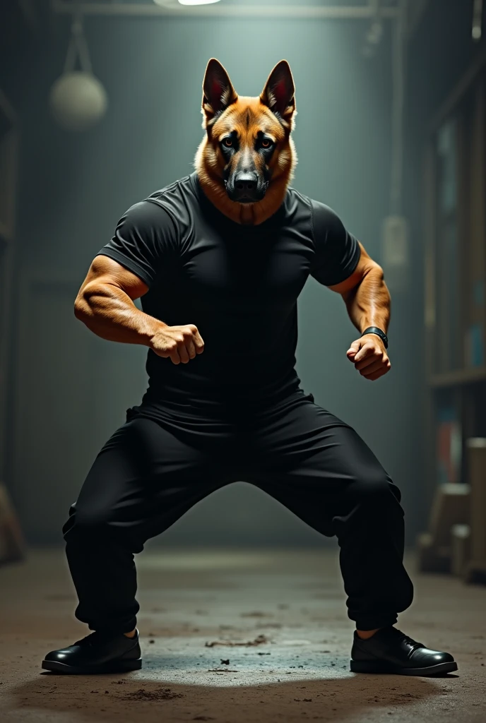 A German Shepherd. Wearing a black shirt, trousers and shoes. Doing Muay Thai. 