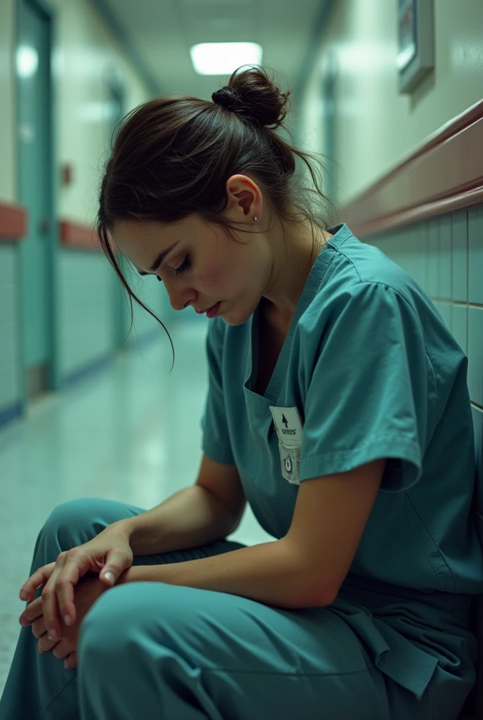 Medium shot, An intense portrait of a nurse crying sitting in a corridor in a LA hospital, shot on Kodak Ultramax 400 film to give saturated color and dramatic effect