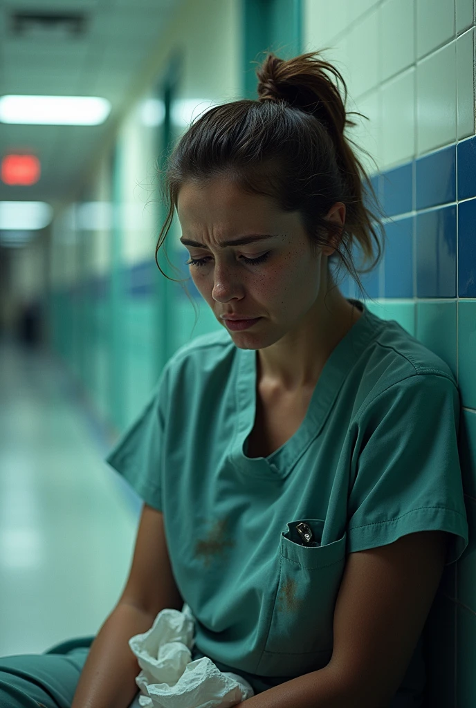 Medium shot, An intense portrait of a nurse crying sitting in a corridor in a LA hospital, shot on Kodak Ultramax 400 film to give saturated color and dramatic effect