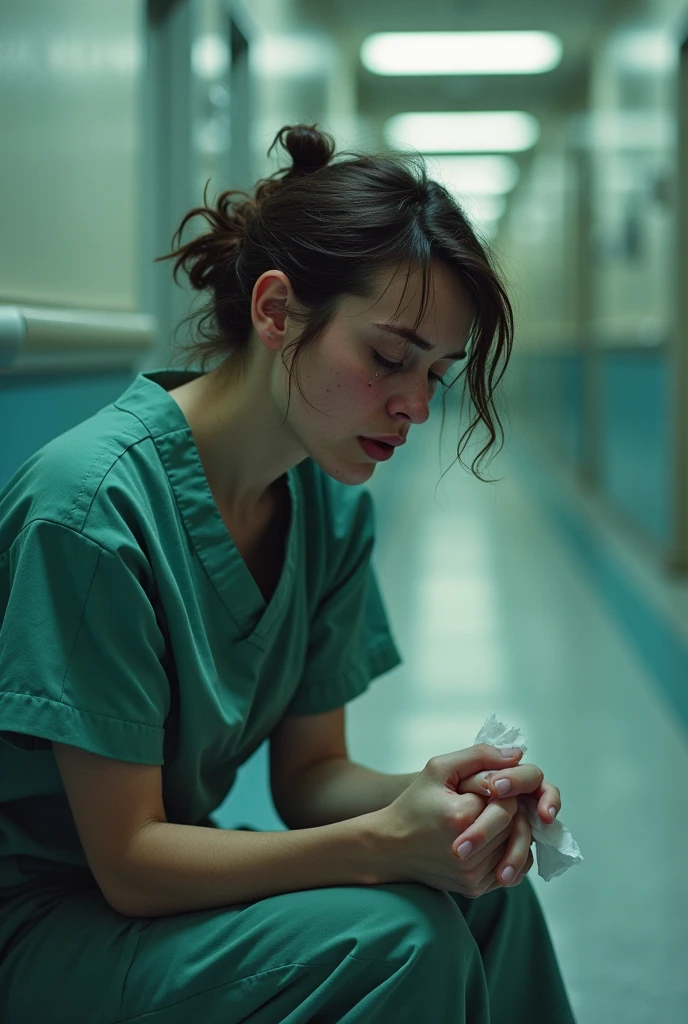 Medium shot, An intense portrait of a nurse crying sitting in a corridor in a LA hospital, shot on Kodak Ultramax 400 film to give saturated color and dramatic effect